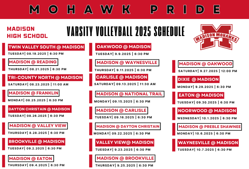 Varsity Volleyball Schedule 2025